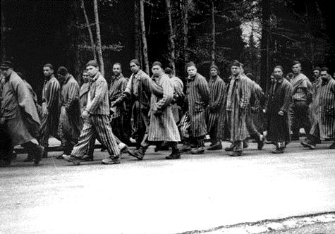 A column of prisoners on a forced march from Dachau concentration camp